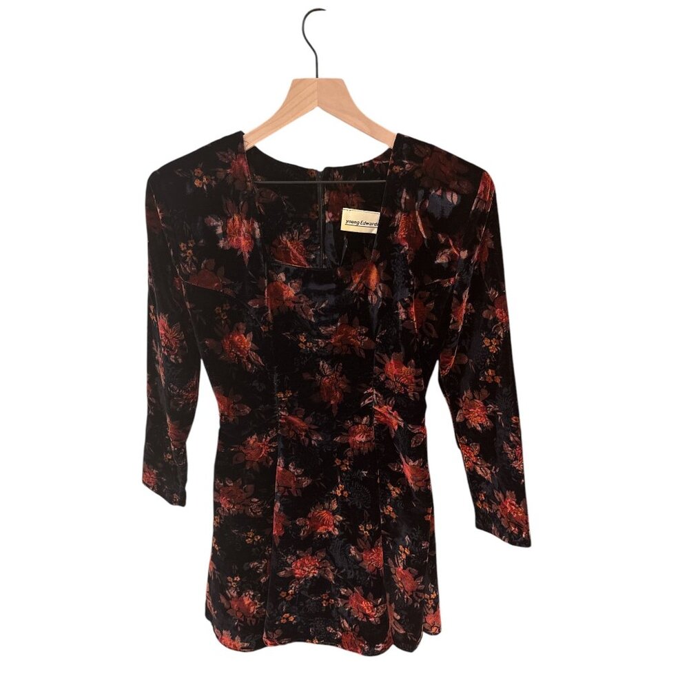 Vintage Young Edwardian Black Velvet Floral Long Sleeve Dress Square Neck